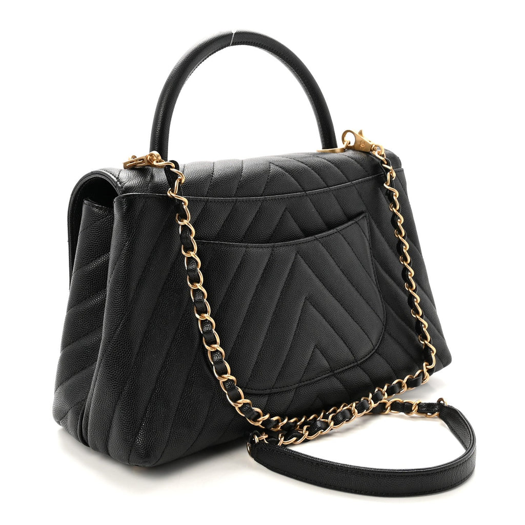 Caviar Chevron Quilted Small Coco Handle Flap Black