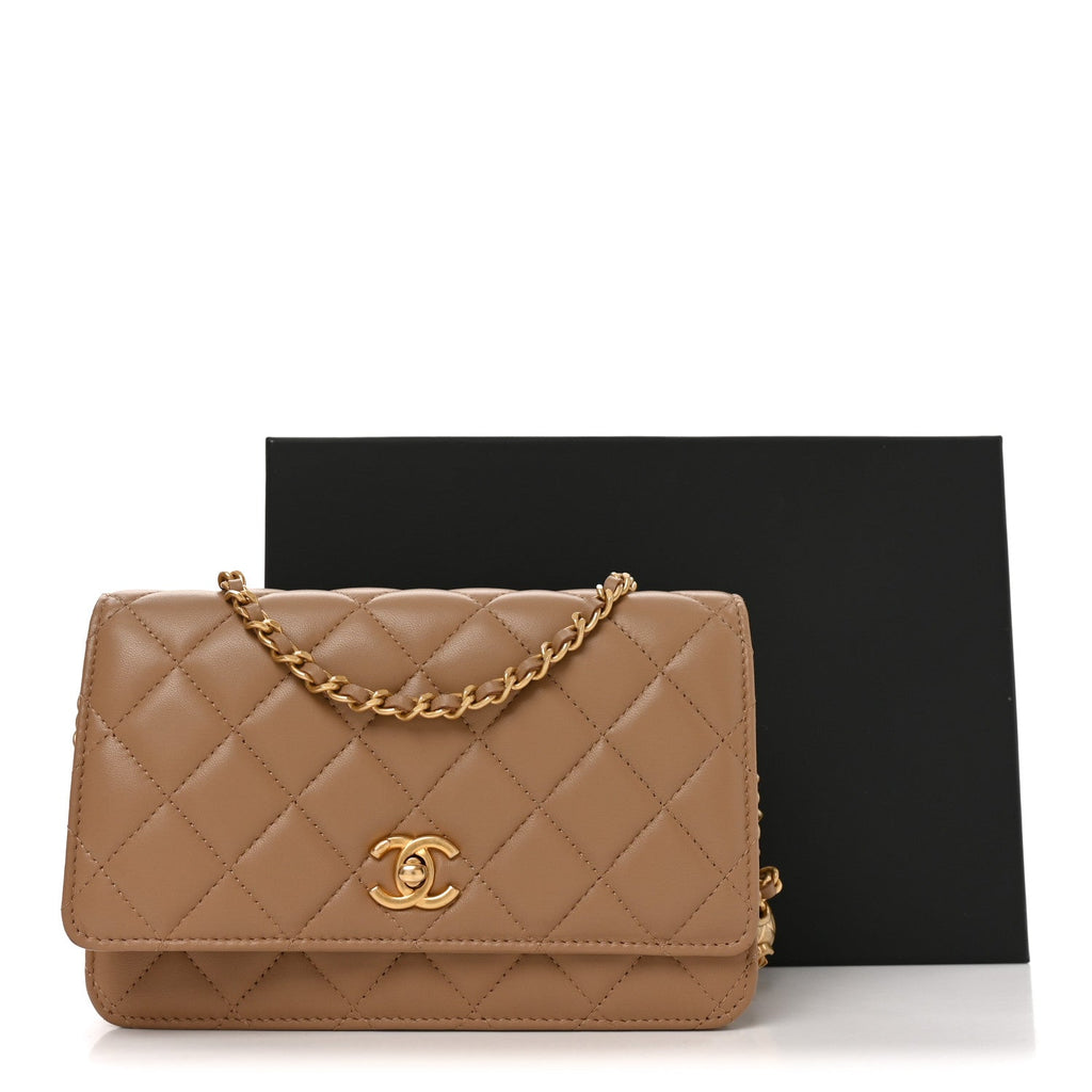 Lambskin Quilted CC Pearl Crush Wallet on Chain WOC Beige