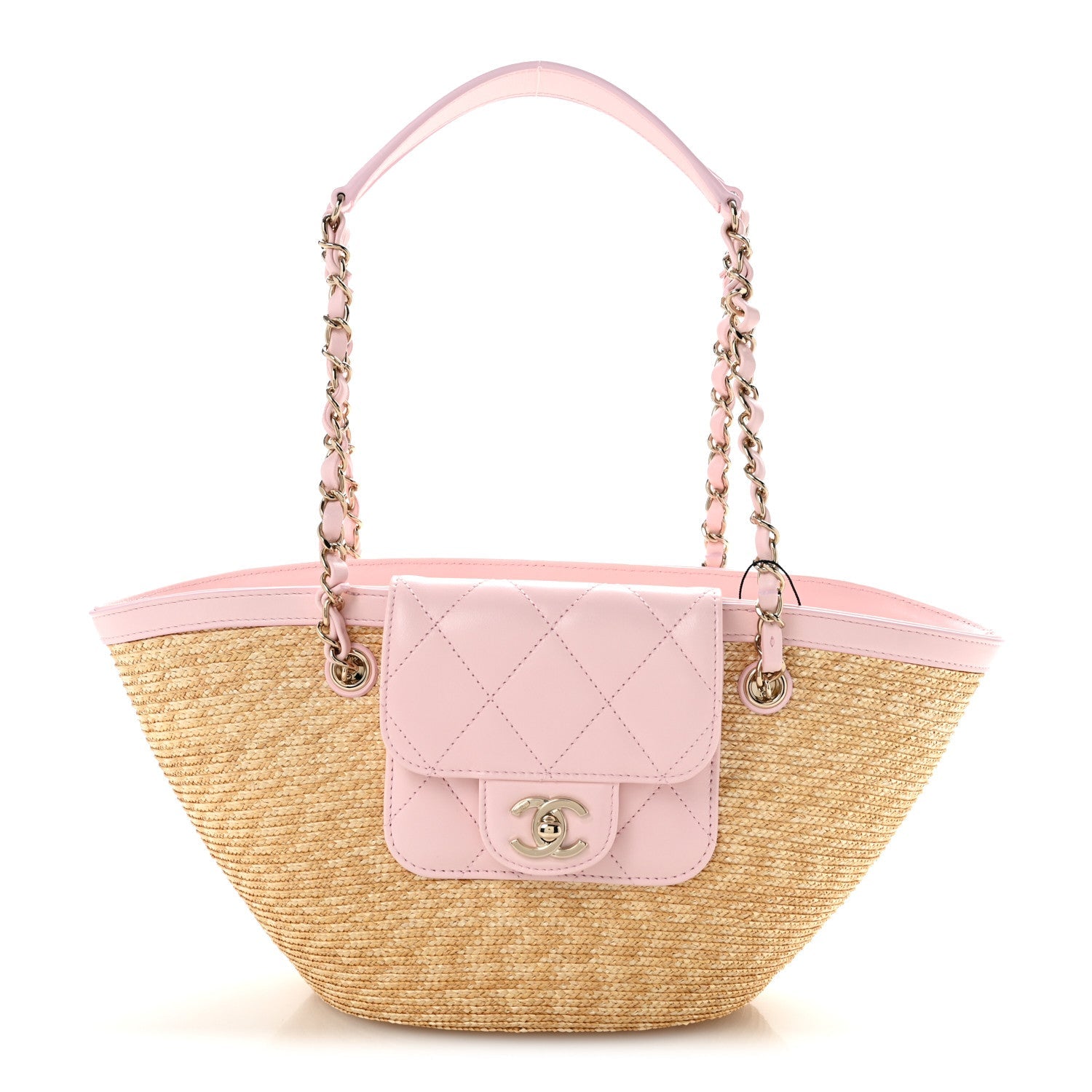 Raffia Braided Lambskin Small Wicker Tote Beige Light Pink