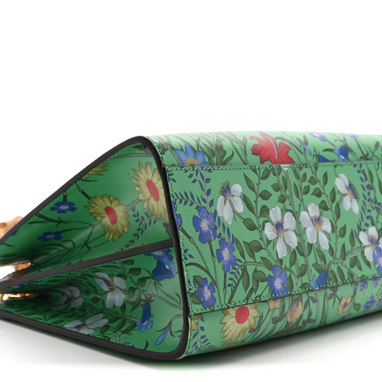 Calfskin Bamboo Web New Flora Small Nymphaea Top Handle Bag Green