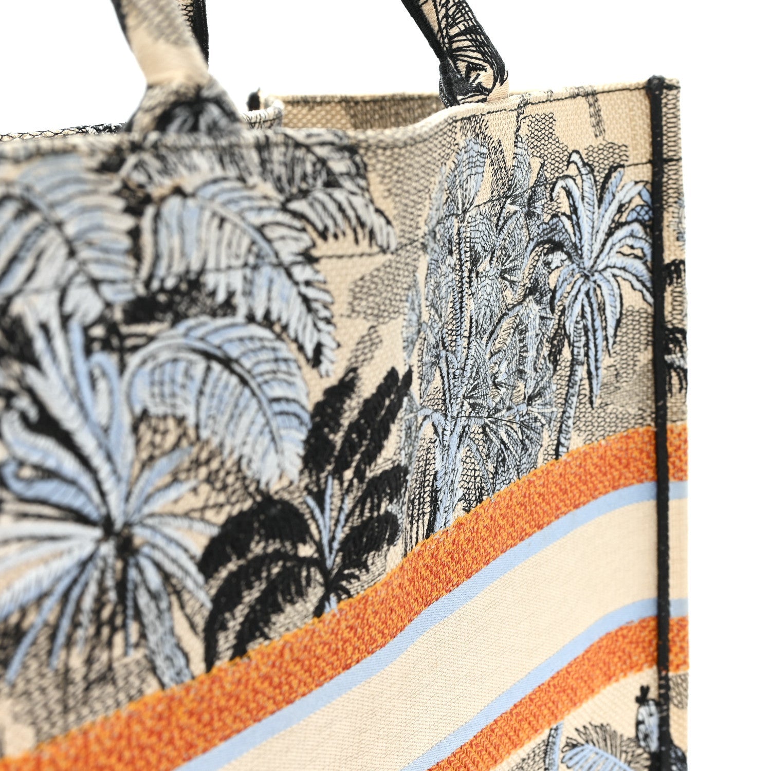 Canvas Embroidered Toile De Jouy Tropicalia Large Book Tote Denim Blue
