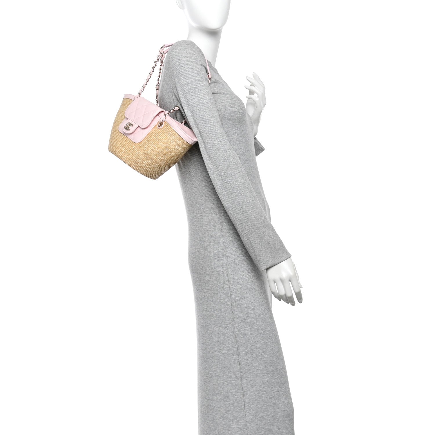 Raffia Braided Lambskin Small Wicker Tote Beige Light Pink