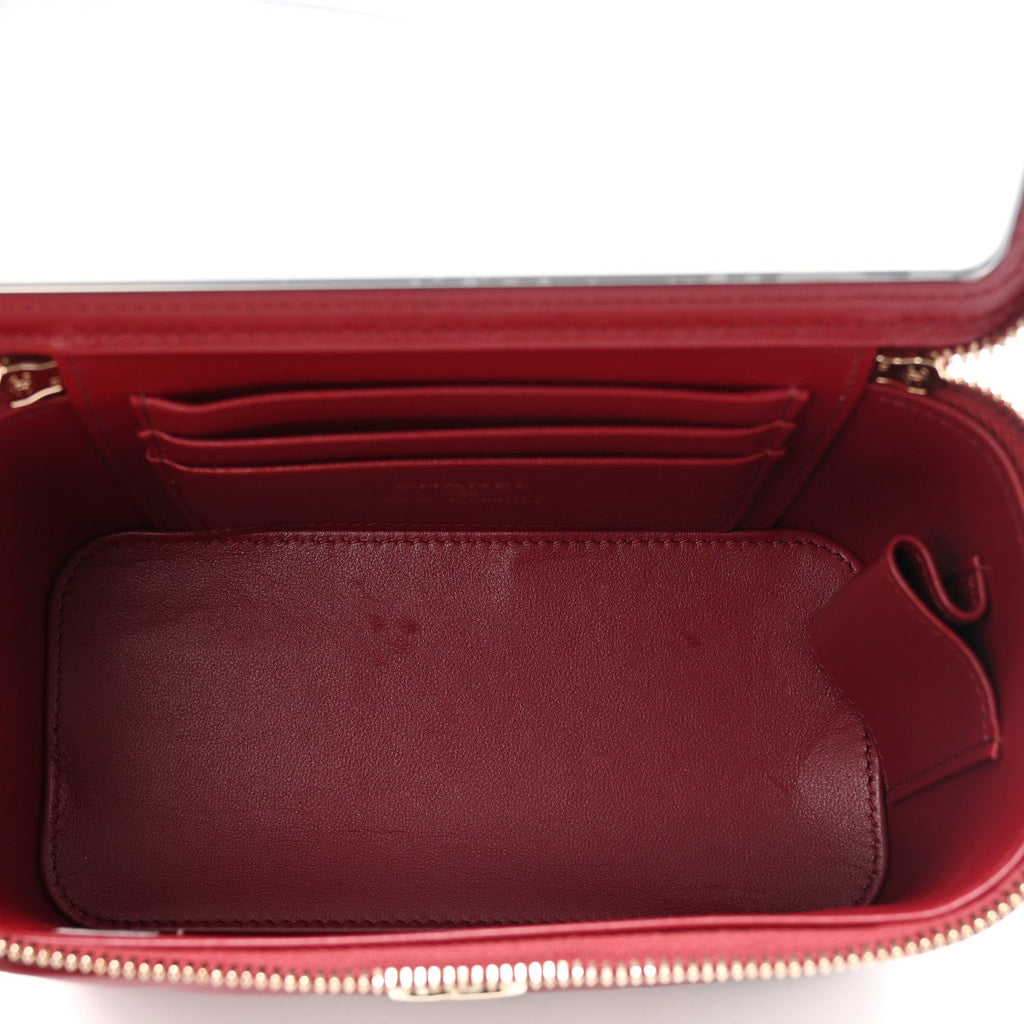 Lambskin Quilted Small Top Handle Vanity Case With Chain Burgundy