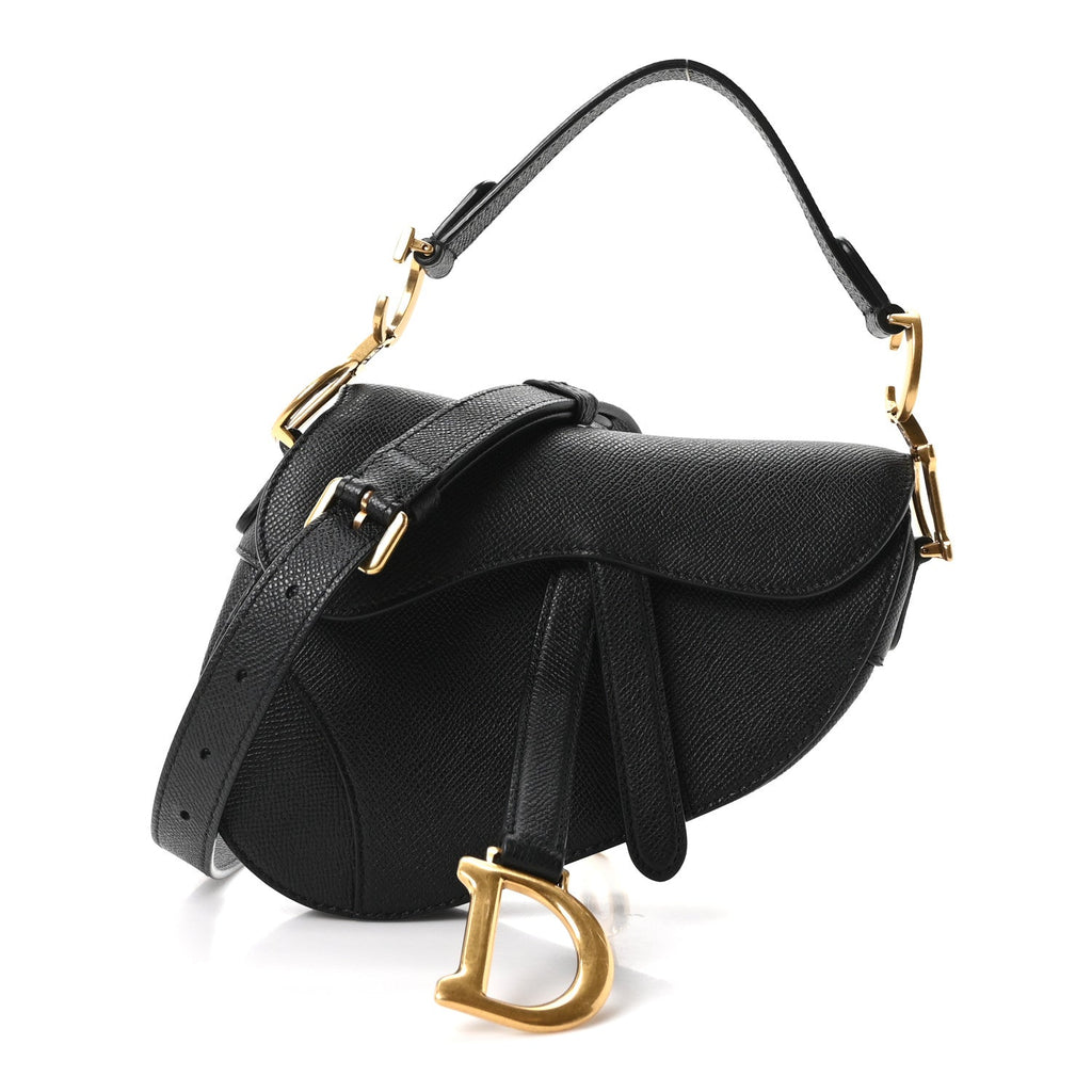 Grained Calfskin Mini Saddle Bag With Strap Black