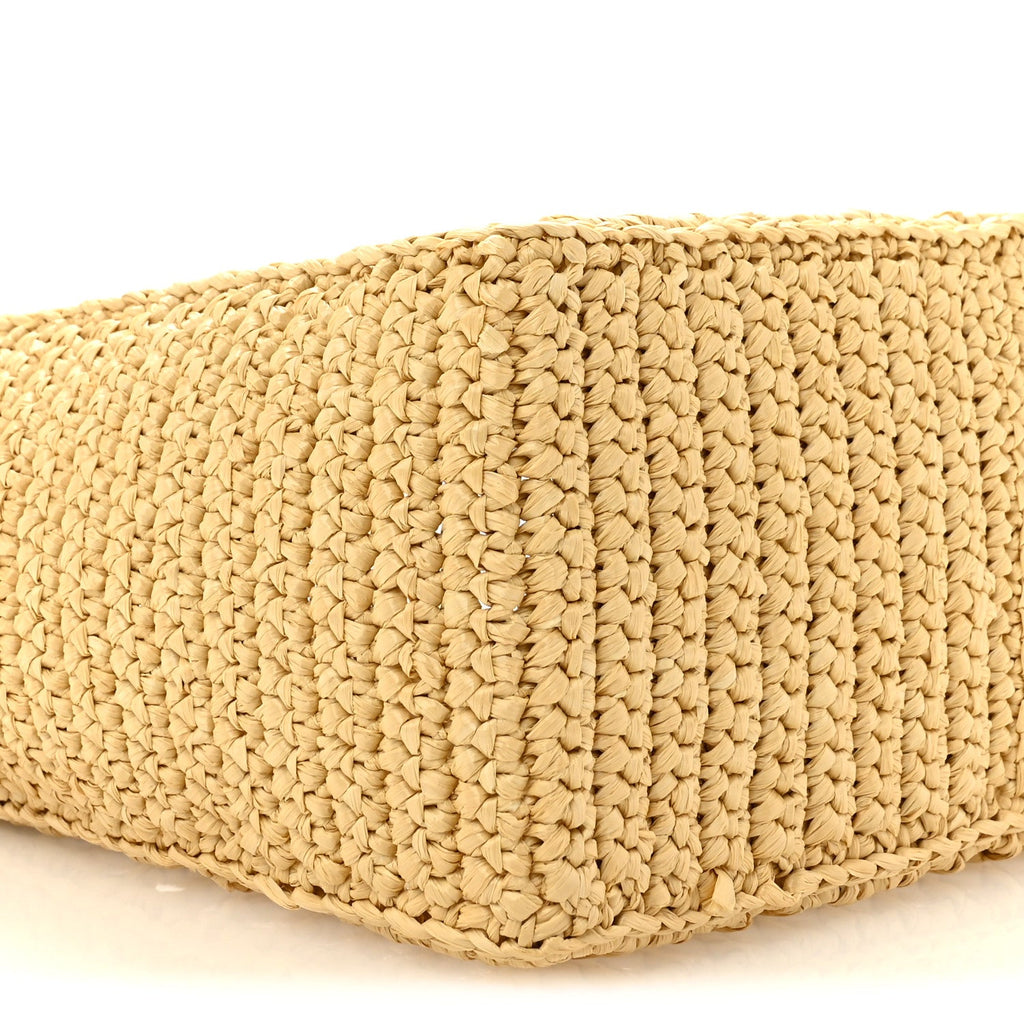 Yarn Raffia Effect Crochet Logo Embroidered Small Tote Bag Naturale