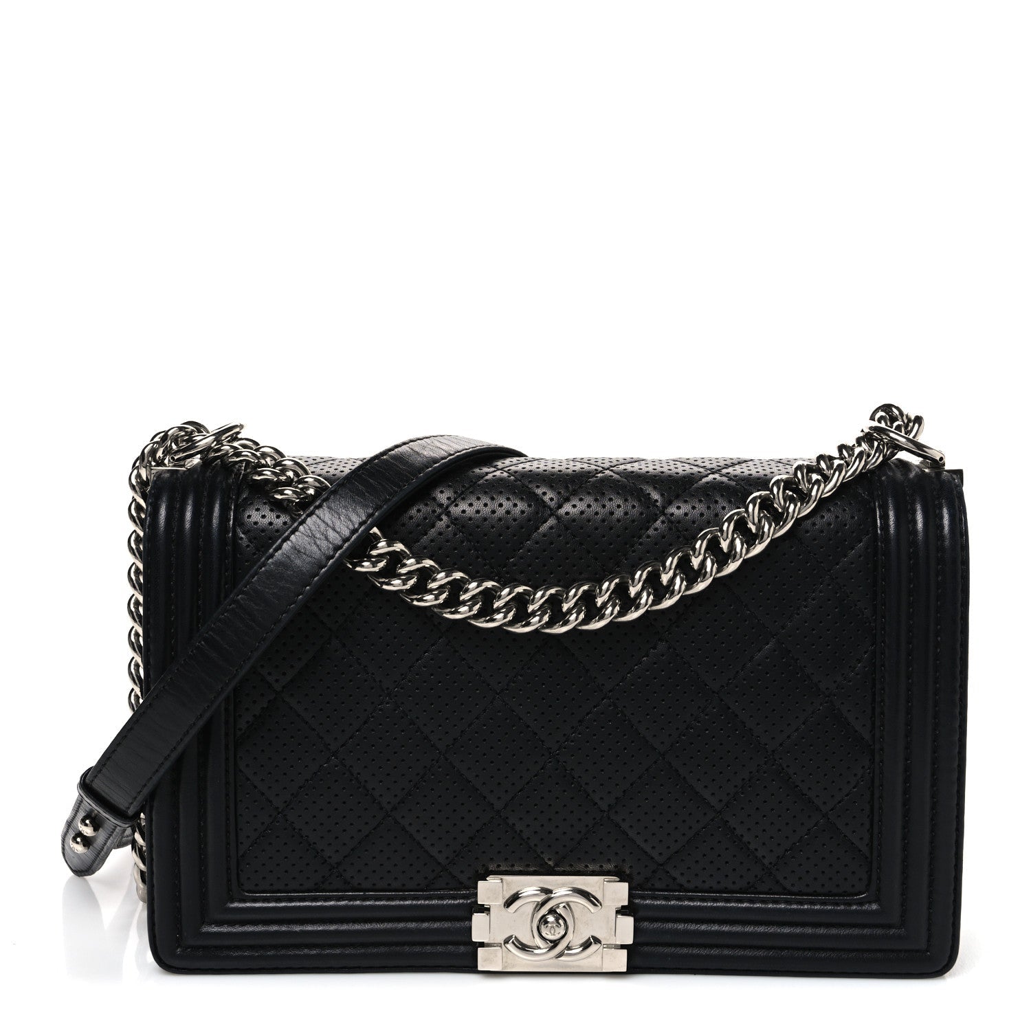 Lambskin Perforated Quilted New Medium Boy Flap Black