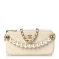 Goatskin Stitched Small Chic Pearls Clutch With Chain  White