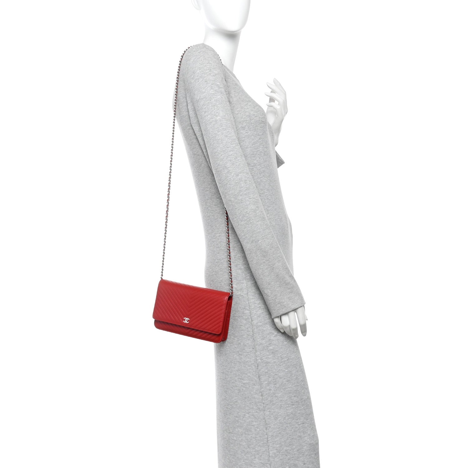 Caviar Chevron Quilted Wallet On Chain WOC Dark Red