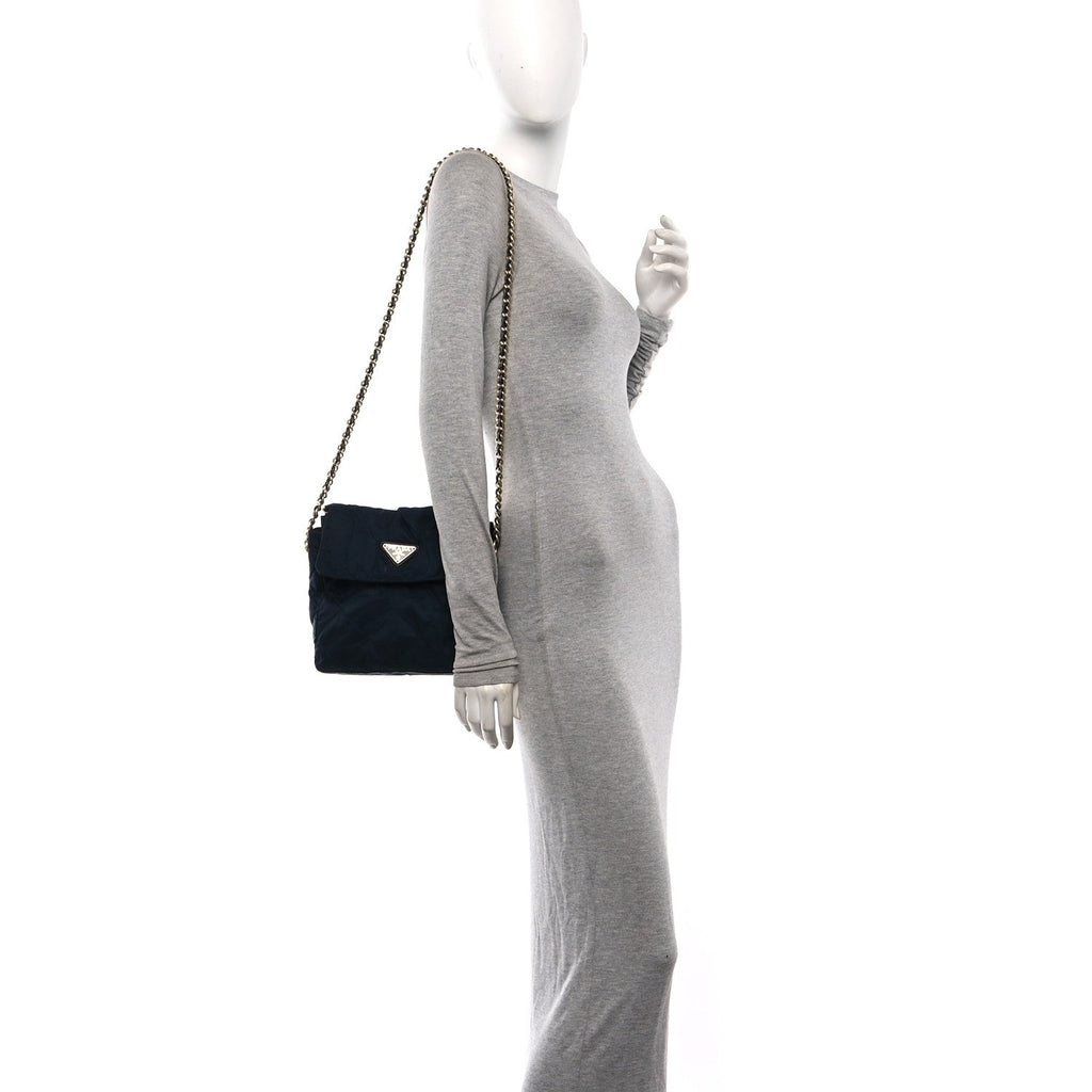 Nylon Tessuto Impuntu Quilted Flap Shoulder Bag Blue