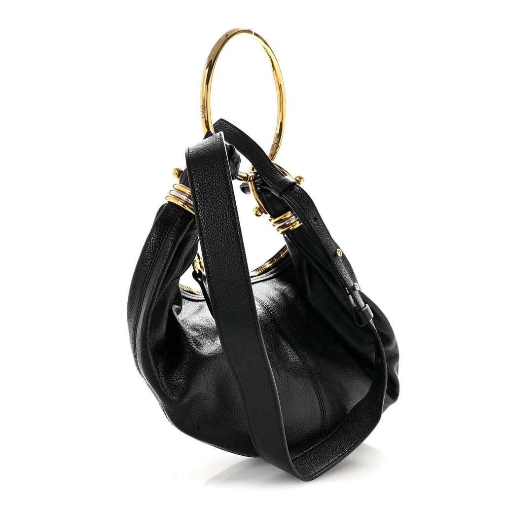 Grained Calfskin Small Bracelet Hobo Bag Black