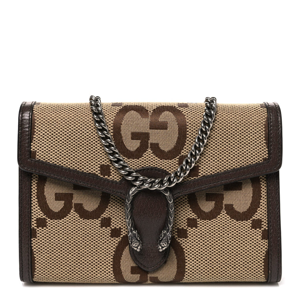 Monogram Jumbo GG Textured Dollar Calfskin Mini Dionysus Chain Wallet Camel Ebony New Acero