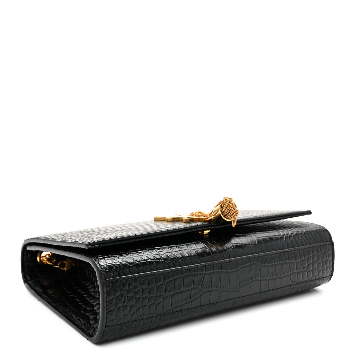 Calfskin Crocodile Embossed Medium Classic Monogram Kate Tassel Satchel Black Black
