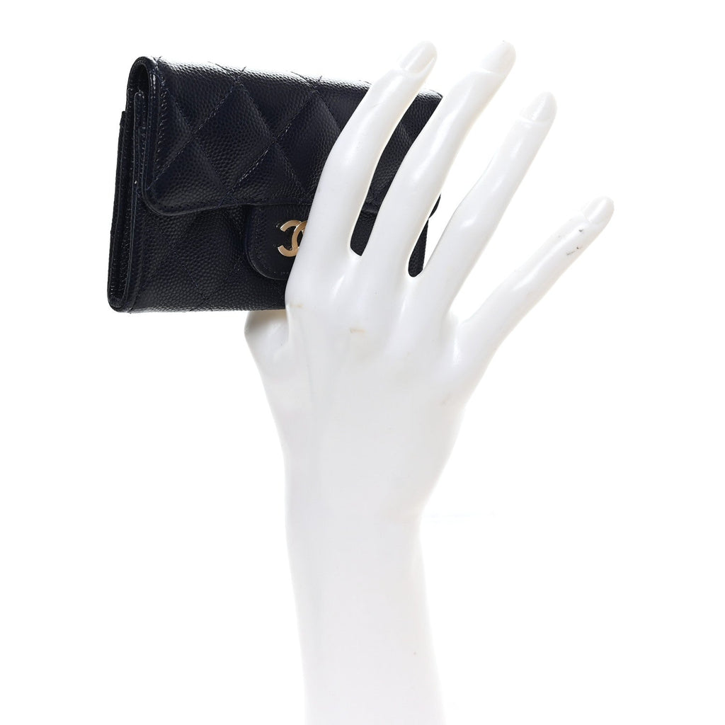 Caviar Quilted Flap Card Holder Navy Blue