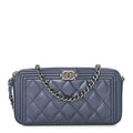 Metallic Caviar Quilted Small Boy Clutch With Chain Navy