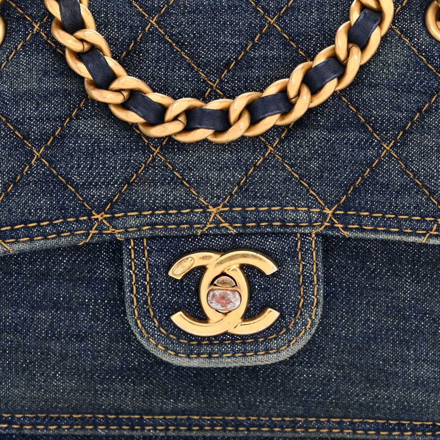 Denim Quilted Double You Mini Flap Blue Golden