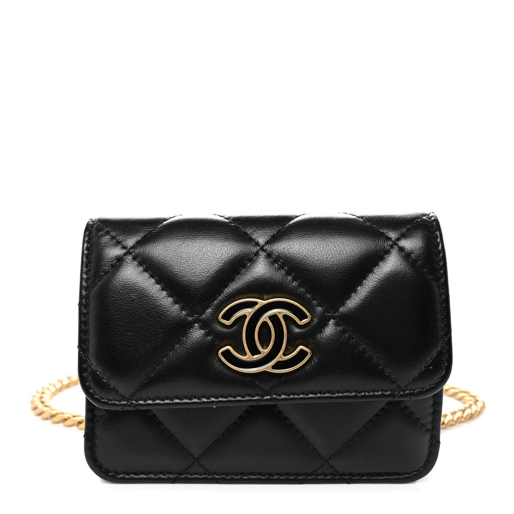Lambskin Enamel Quilted Pending CC Flap Belt Bag Black