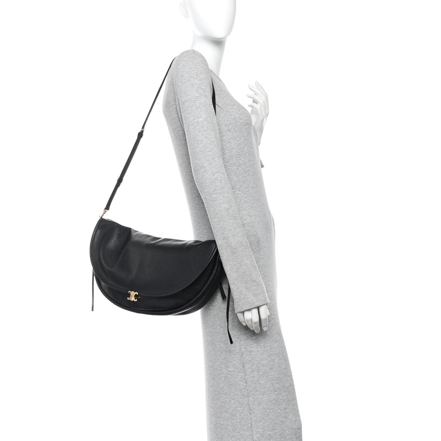 Shiny Lambskin Soft Triomphe Half Moon Bag Black