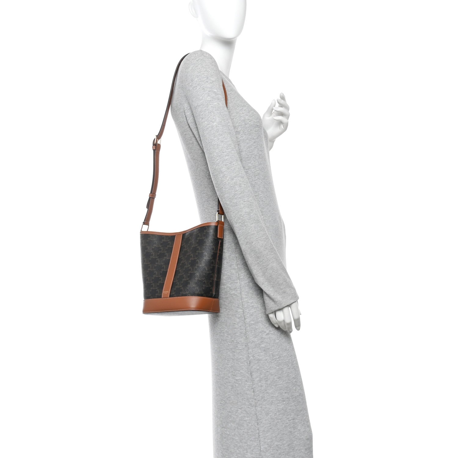 Triomphe Canvas Calfskin Small Bucket Bag Tan Tan