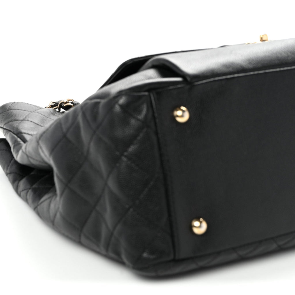 Caviar Quilted Large Flap Shopping Tote Black
