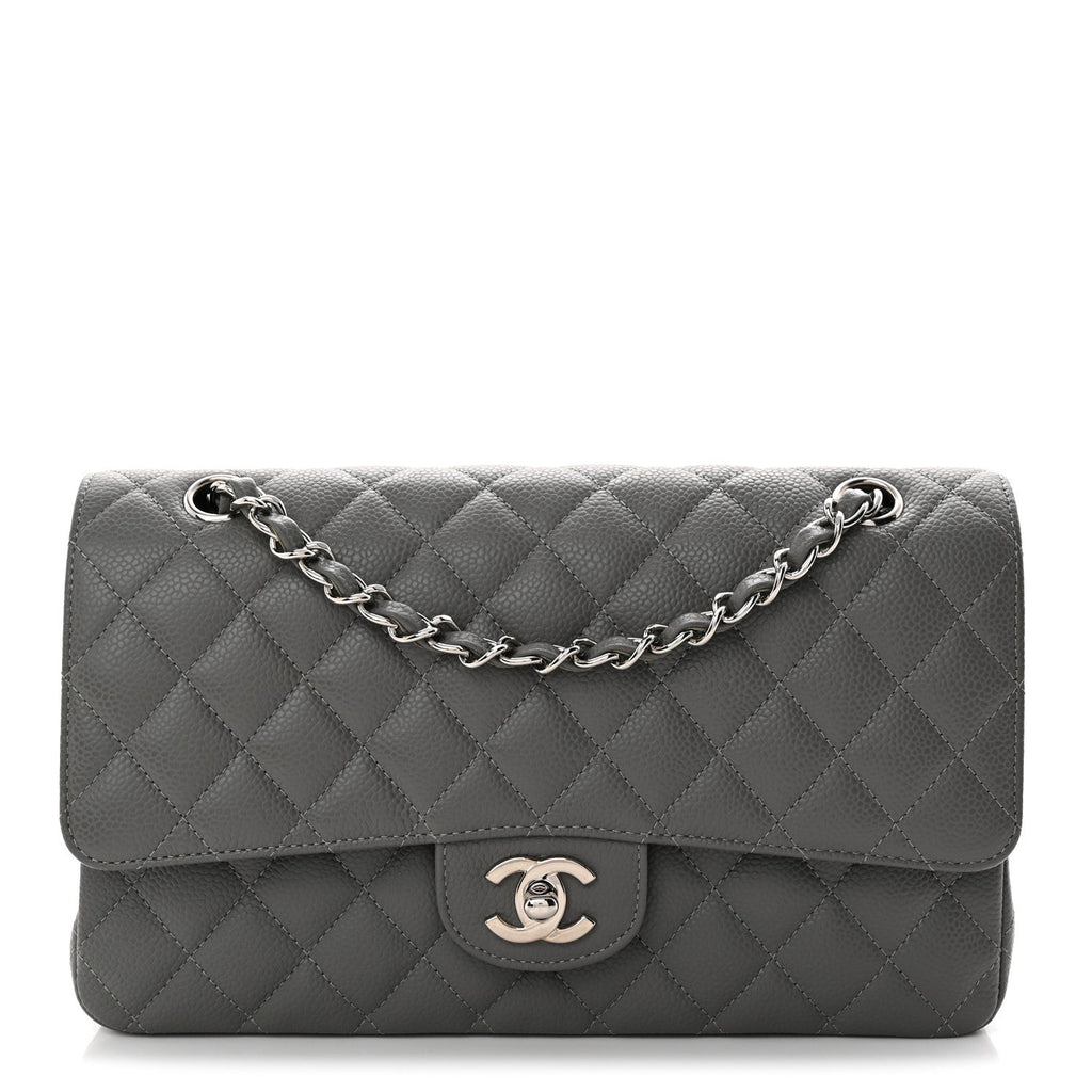 Caviar Quilted Medium Double Flap Grey