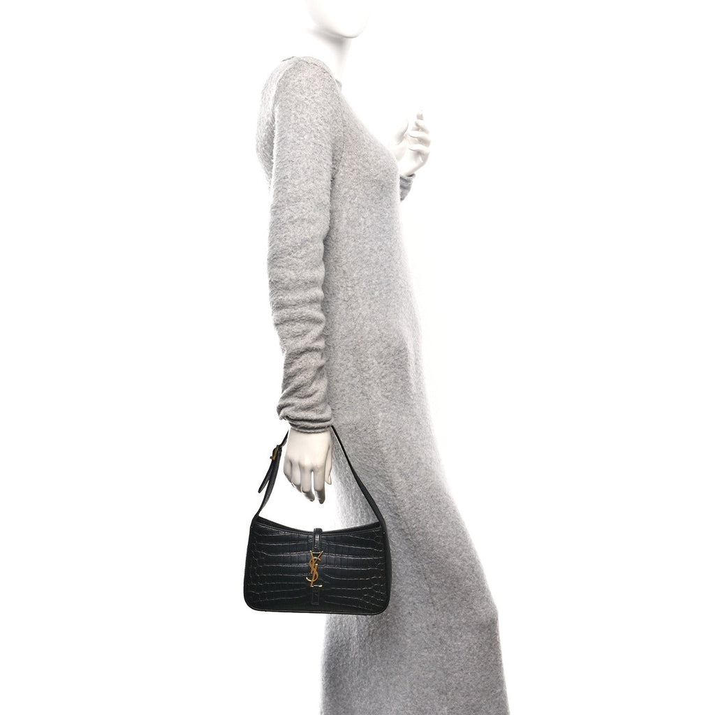 Calfskin Crocodile Embossed Le 5 A 7 Hobo Black