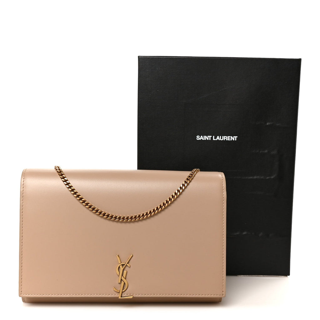 Glossy Calfskin Monogram Chain Wallet Dark Beige