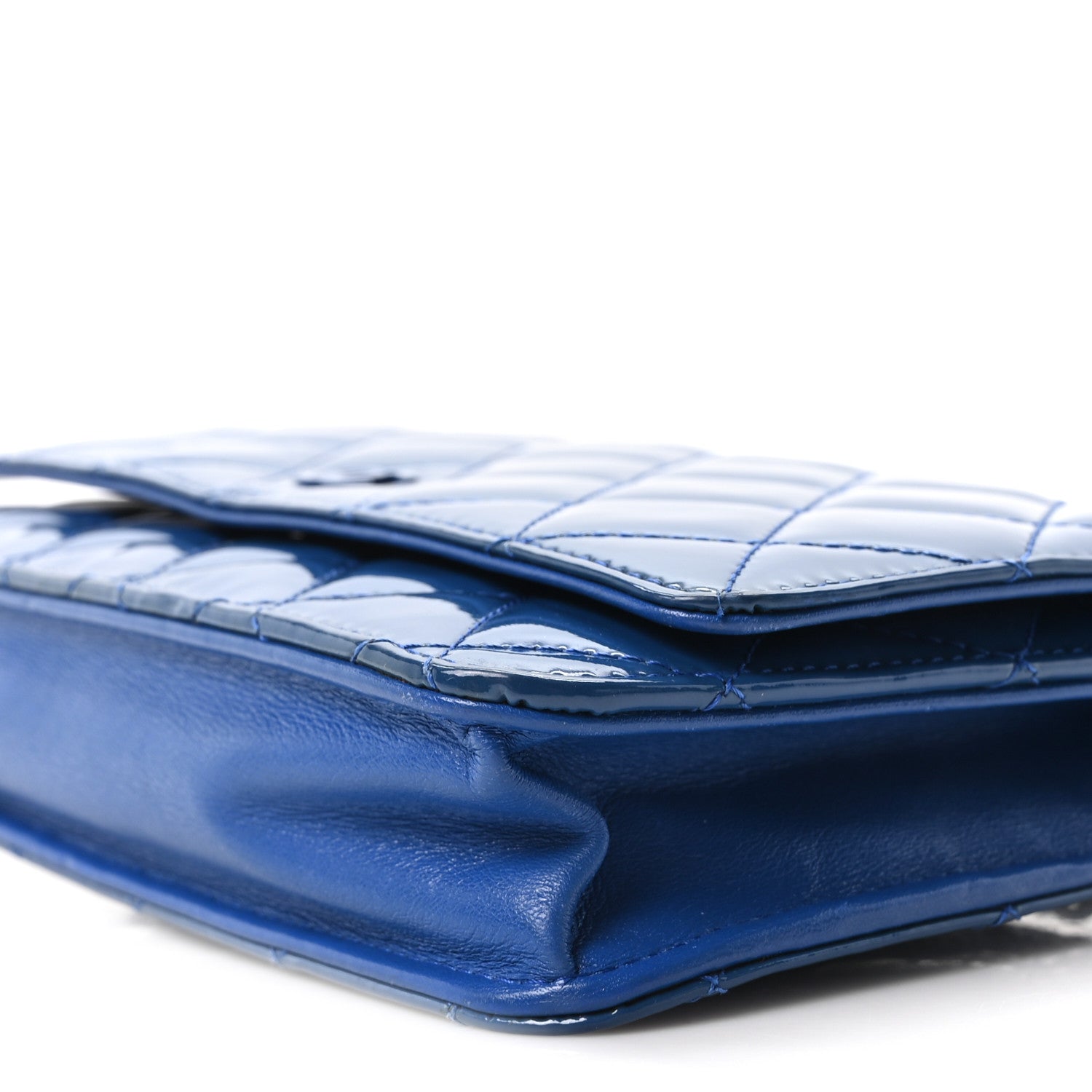 Patent Calfskin Quilted Wallet On Chain WOC Dark Blue