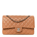 Caviar Quilted Medium Double Flap Light Brown