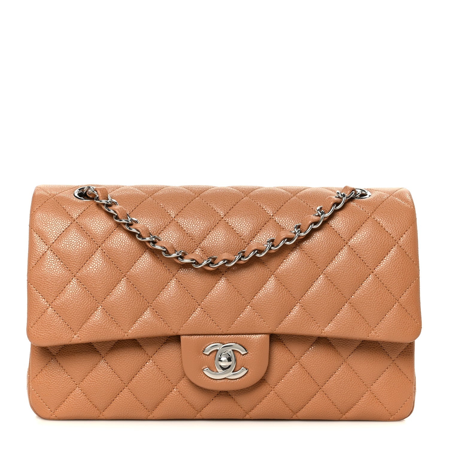 Caviar Quilted Medium Double Flap Light Brown