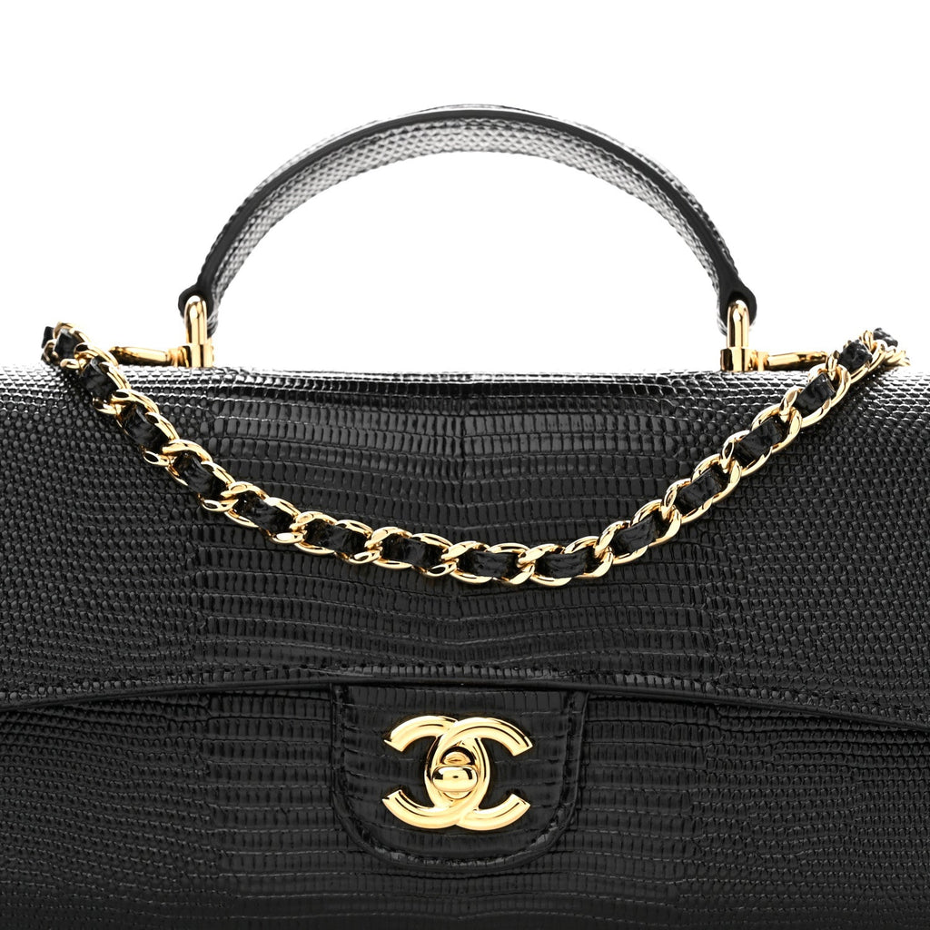 Calfskin Lizard Embossed Top Handle Clutch With Chain Black