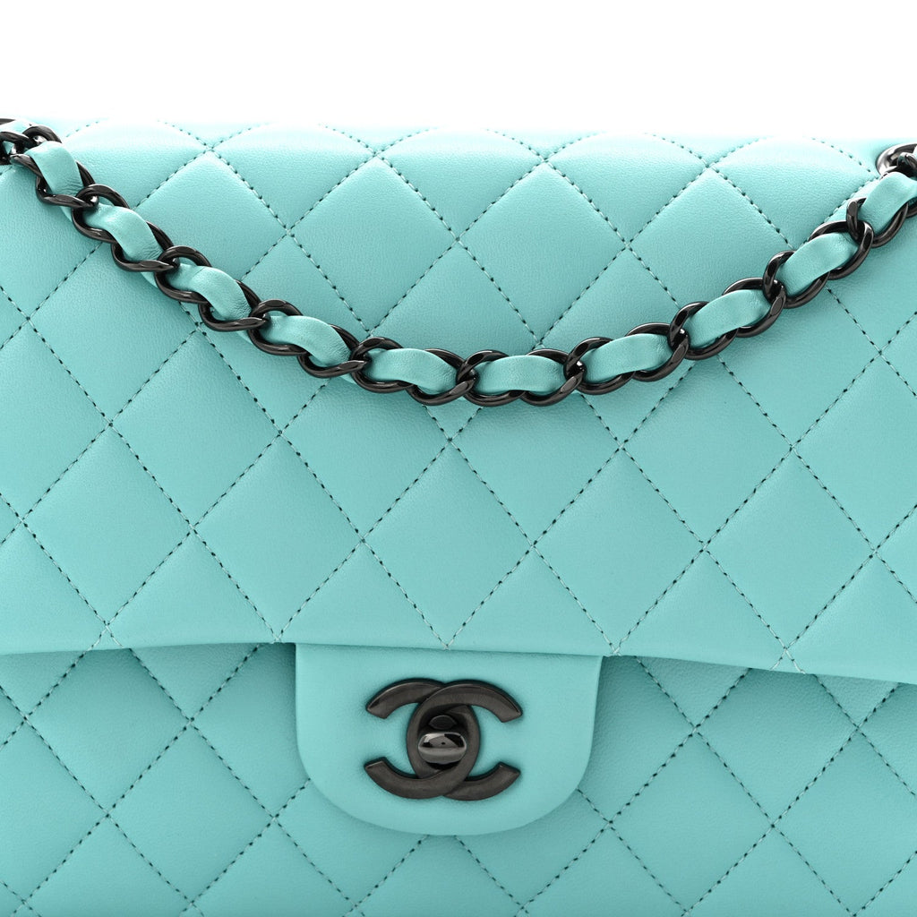Lambskin Quilted Medium Double Flap Light Blue