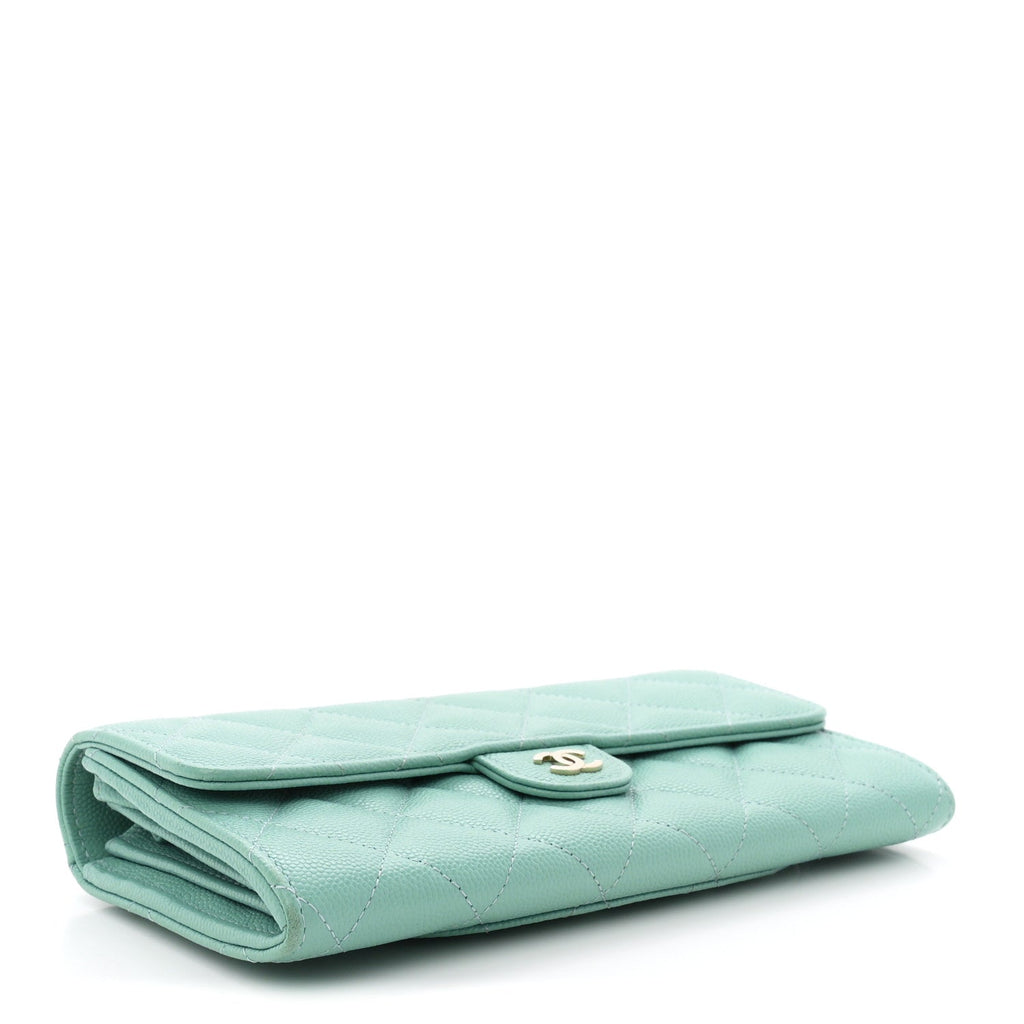 Caviar Quilted Large Gusset Flap Wallet Light Green