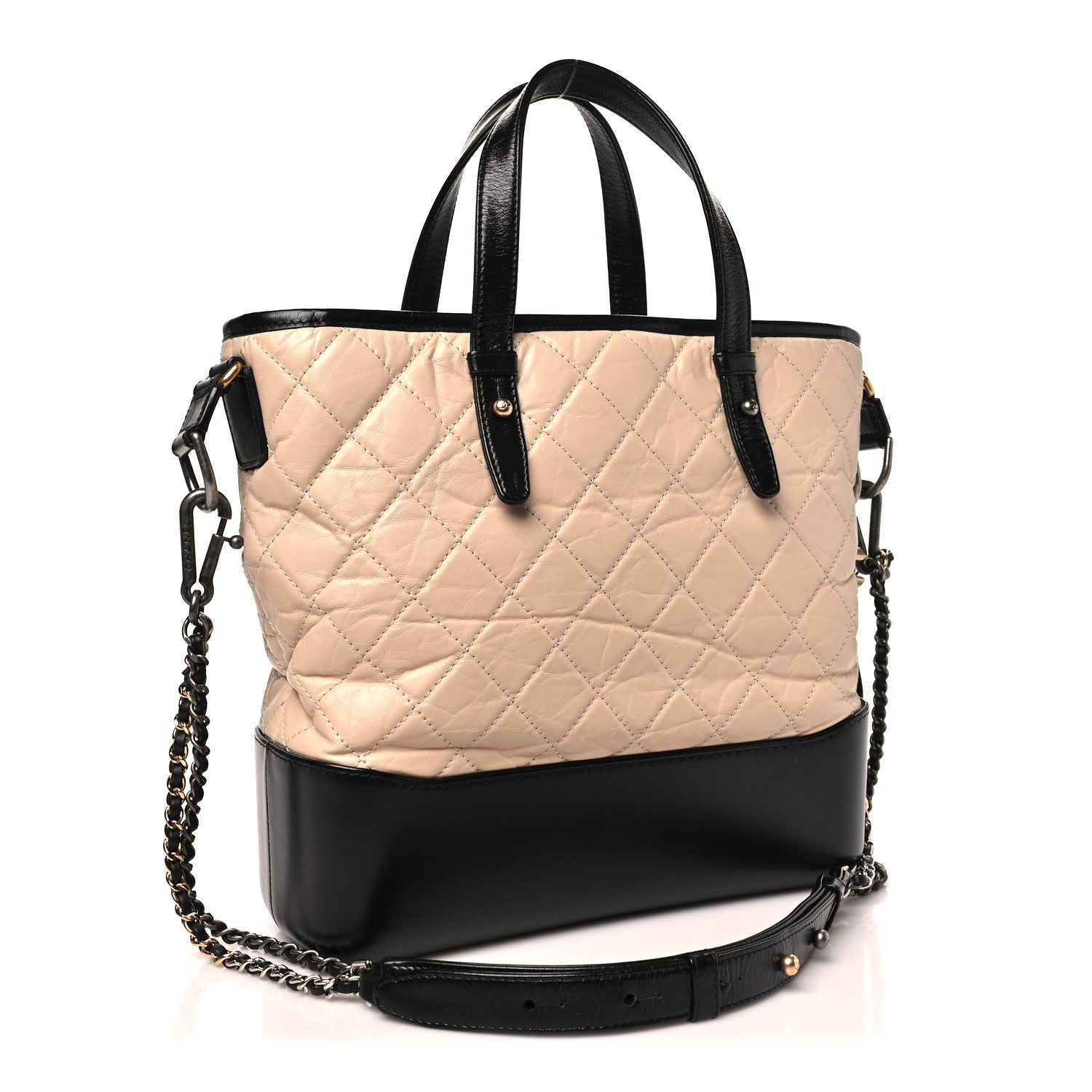 Aged Calfskin Quilted Medium Gabrielle Shopping Tote Beige Black