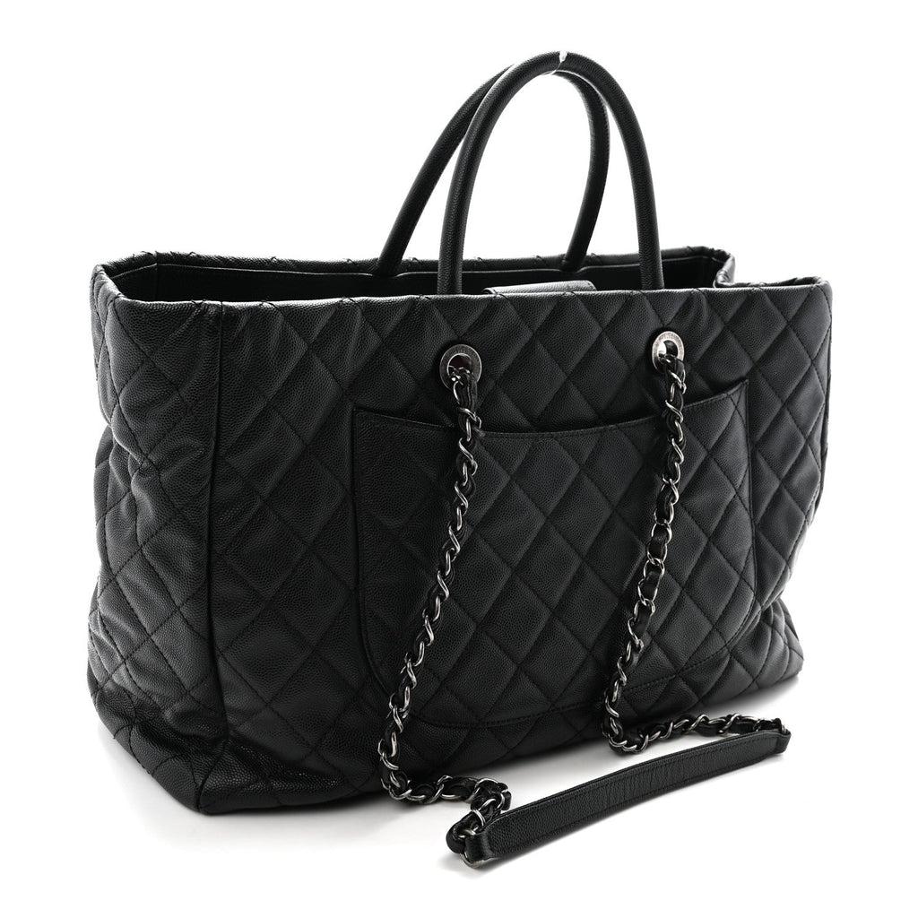 Caviar Quilted Large Coco Handle Shopping Tote Black