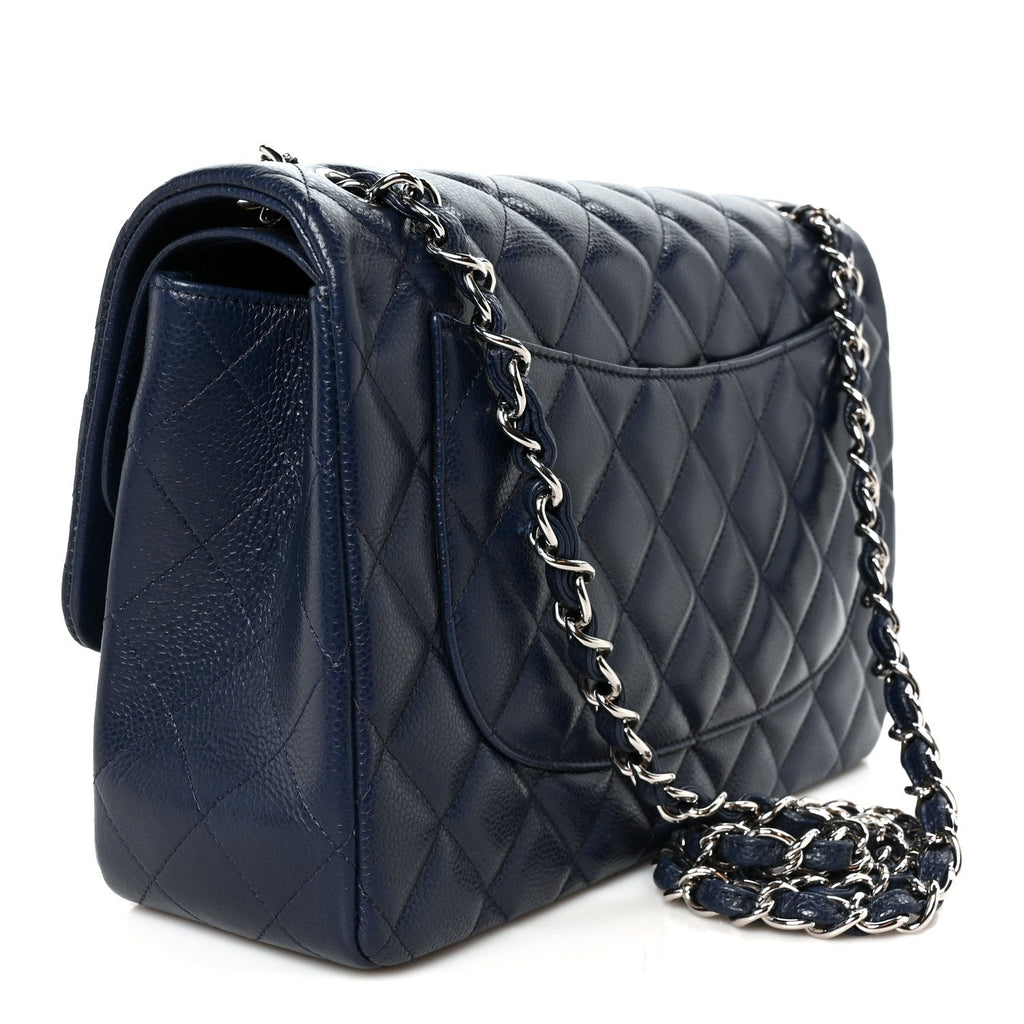 Caviar Quilted Jumbo Double Flap Navy Blue
