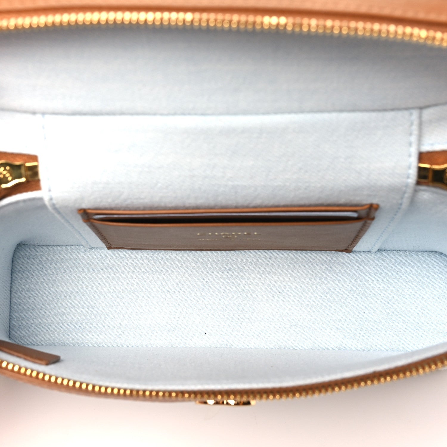 Washed Denim Calfskin Quilted Top Handle Slim Vanity Case With Chain Blue Brown Blue Brown