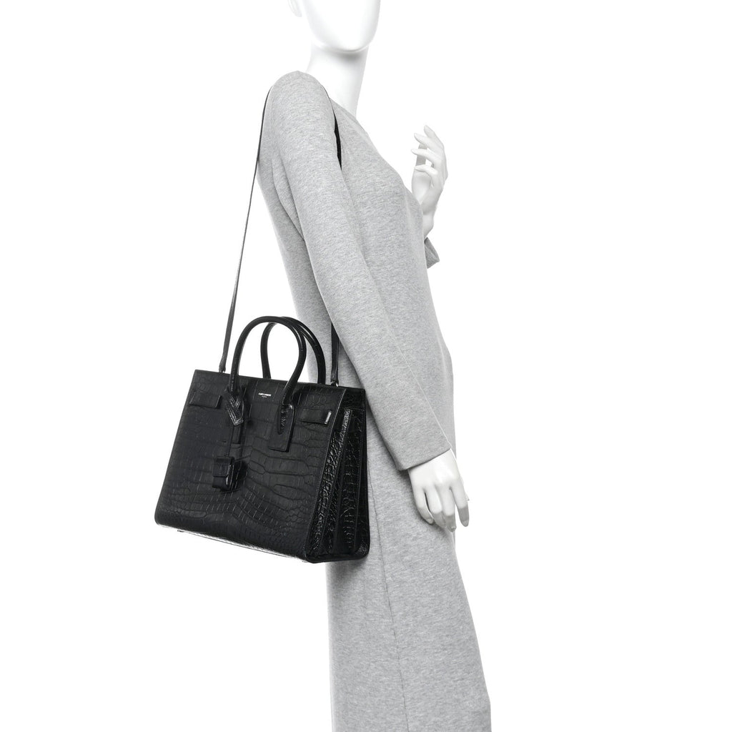 Calfskin Crocodile Embossed Small Sac de Jour Black