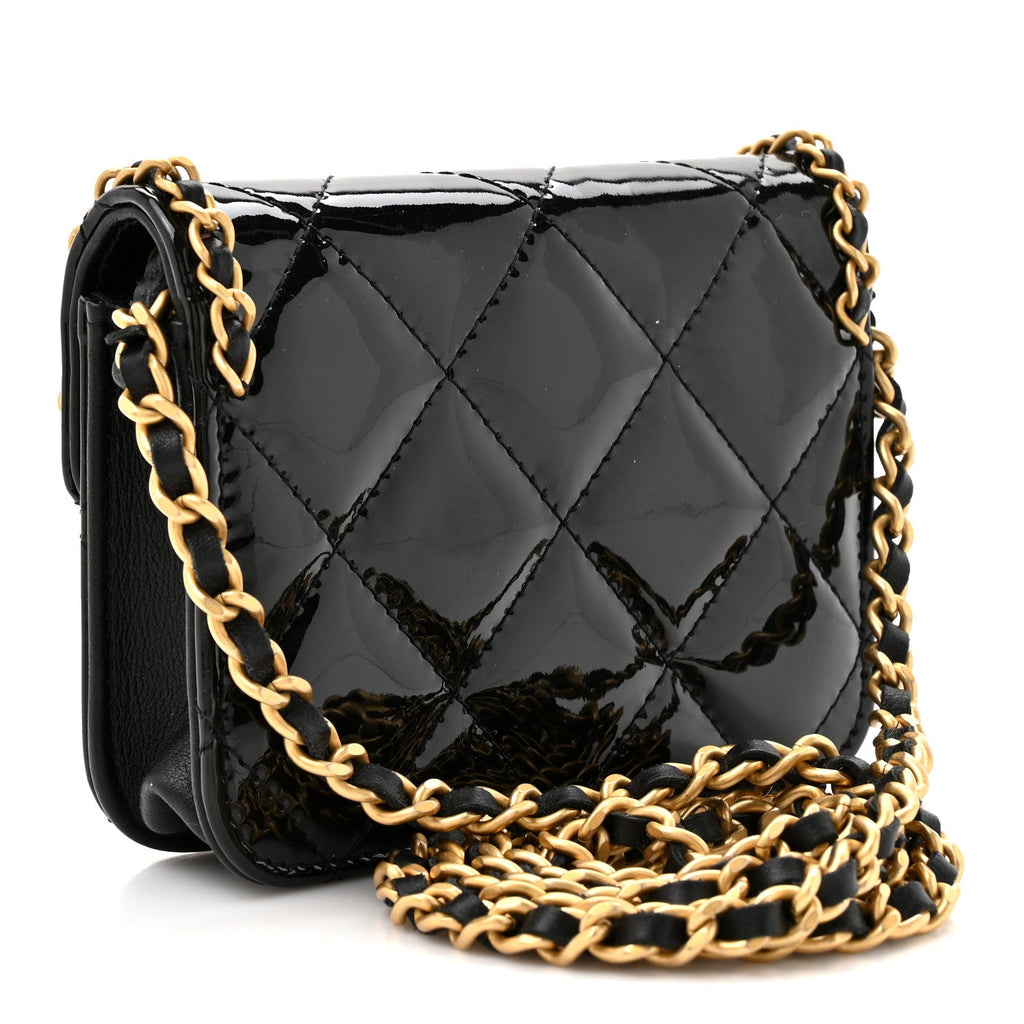 Patent Quilted Chain Around Heart Mini Chain Flap Black