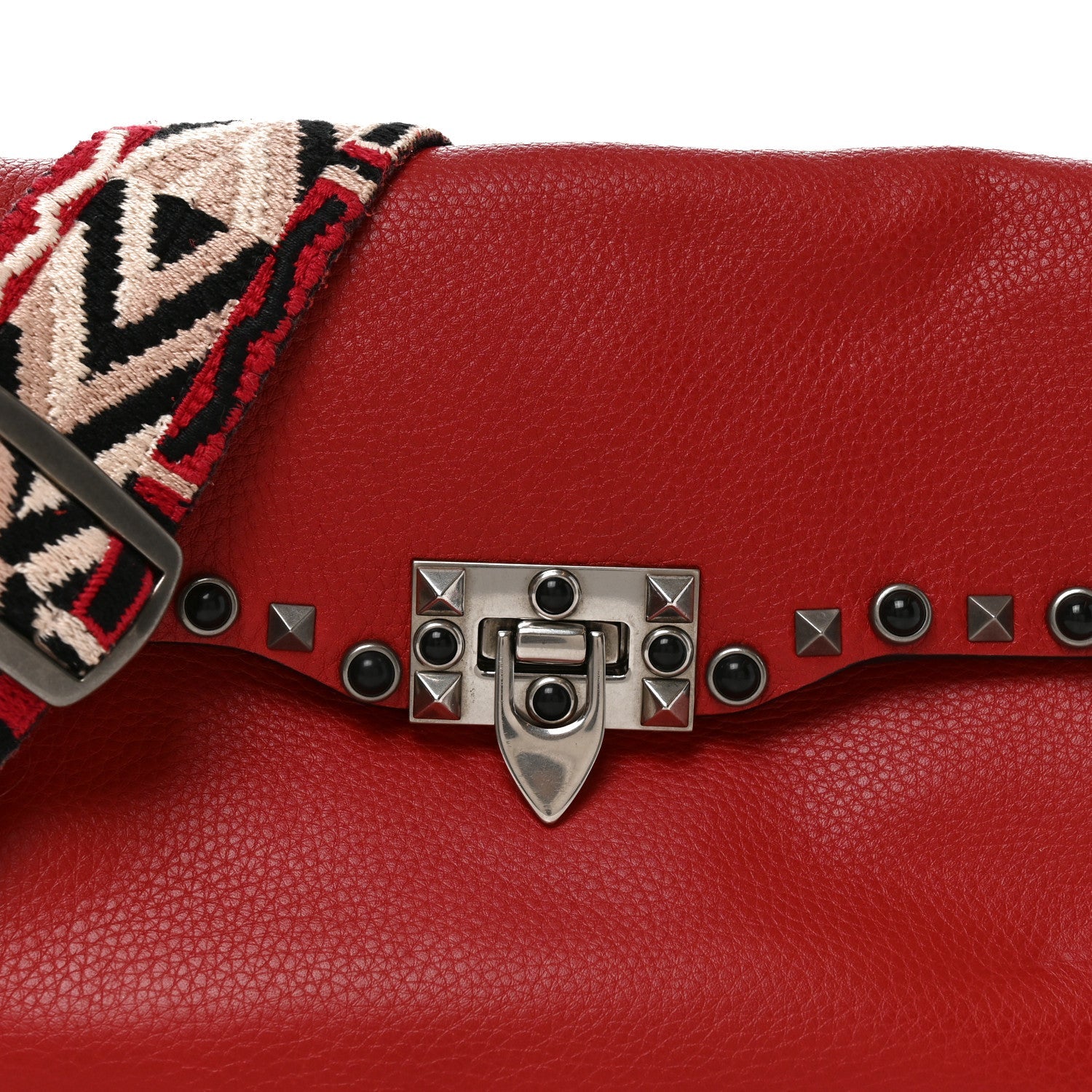 Grained Calfskin Onyx Medium Guitar Strap Rockstud Rolling Flap Saddle Bag Rosso Valentino