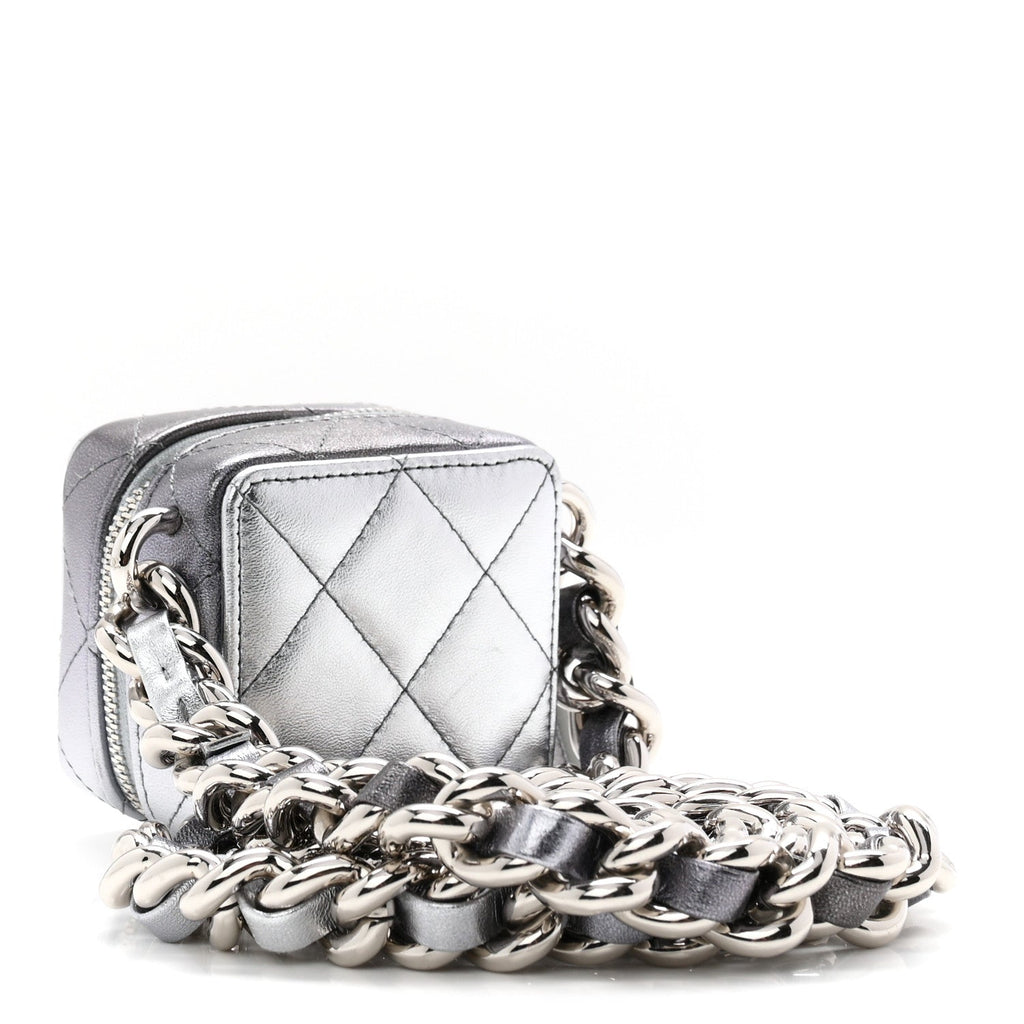 Gradient Metallic Lambskin Quilted Coco Punk Cube Clutch With Chain Silver Black