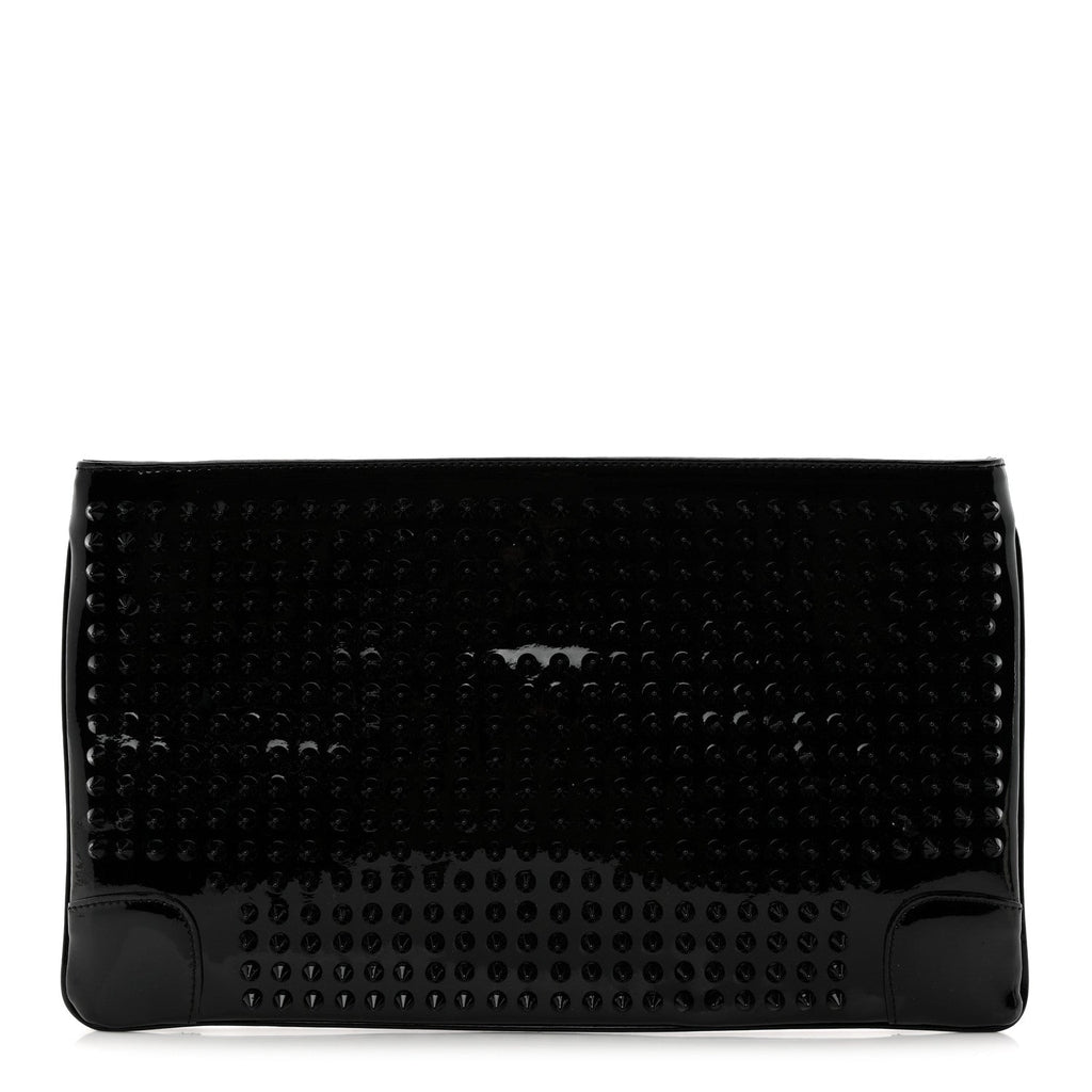 Patent Calfskin Studded Loubiposh Chain Clutch Black