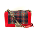 Chanel Boy Chain Shoulder Bag Red Green Check