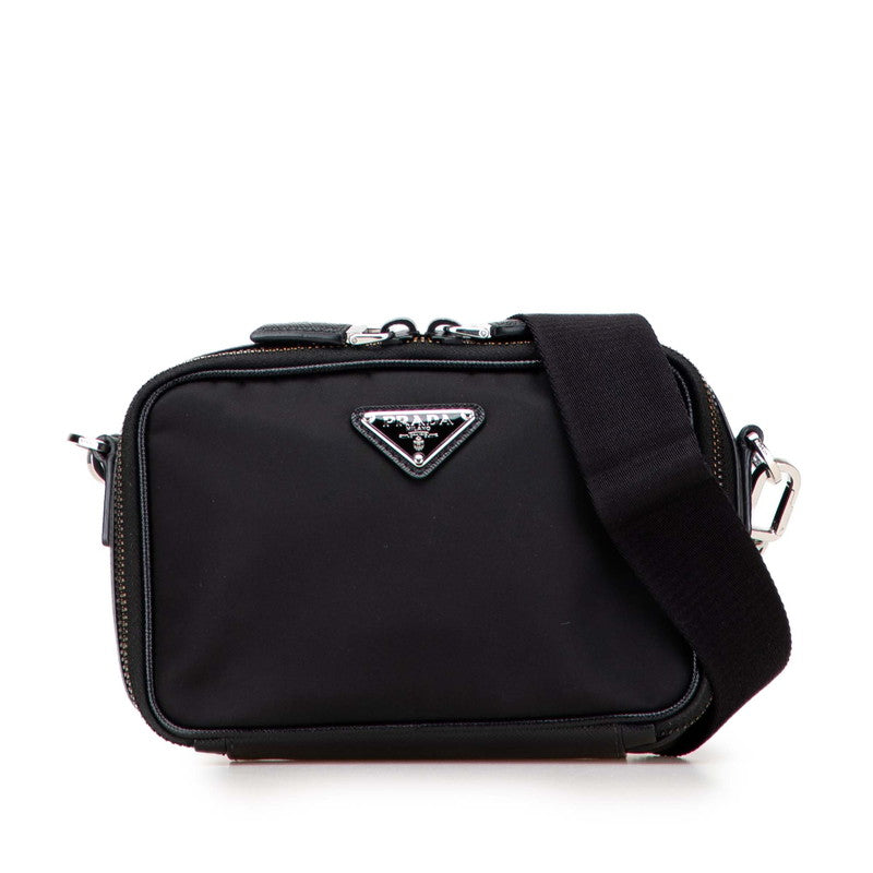 Prada Triangle Logo Plate Nylon Saffiano Leather Shoulder Bag