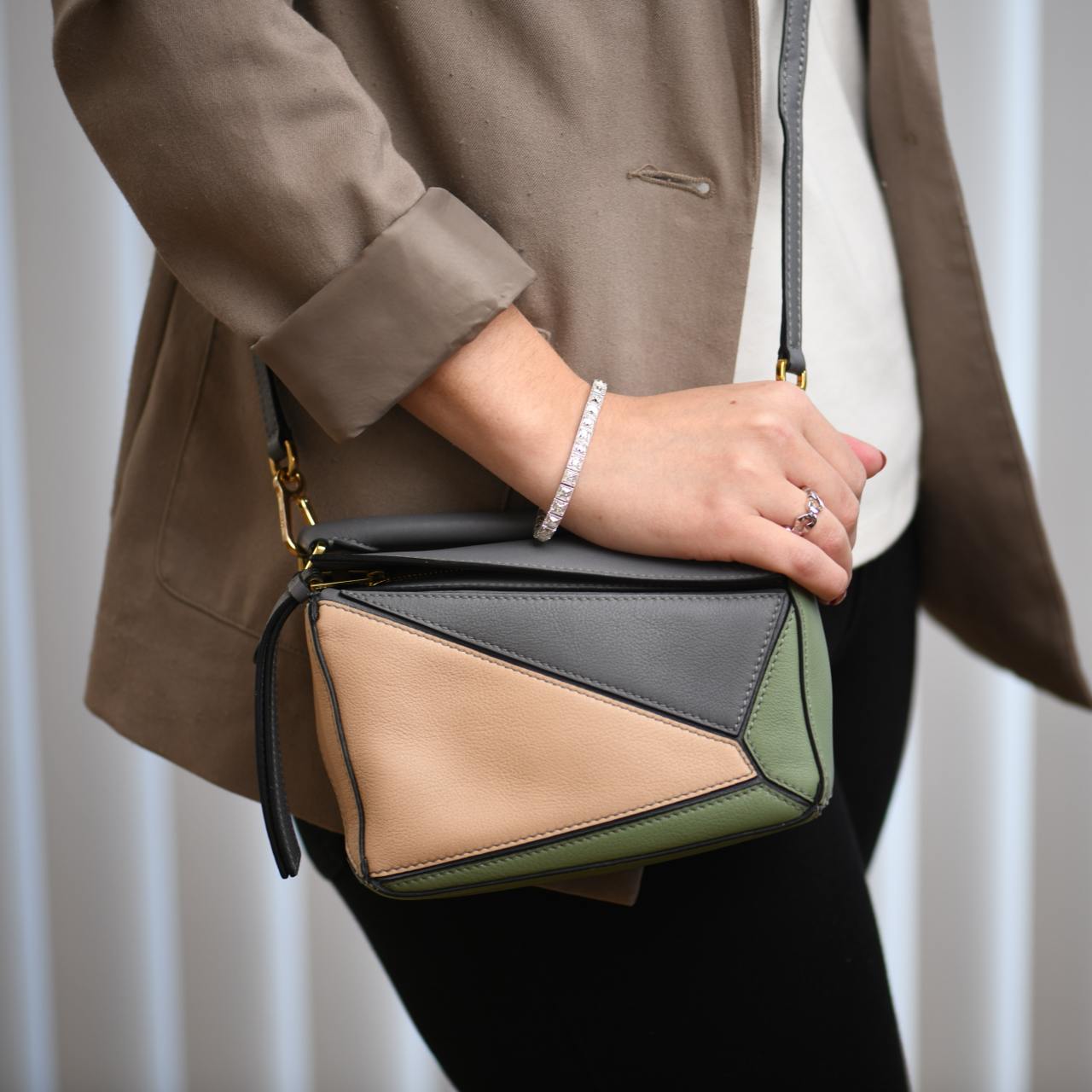 Loewe Puzzle Mini Asphalt Grey Nude Green Leather Shoulder Crossbody Bag